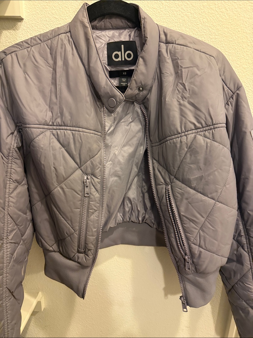 ALO Yoga Quilted Bomber Jacket in Light Lavender Gray